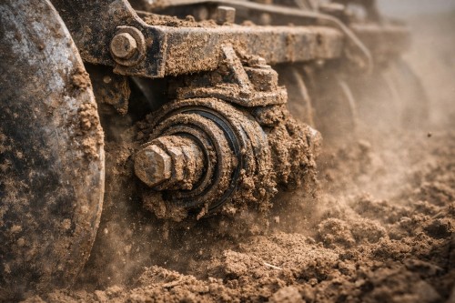 disc harrow bearing operating in dusty soil conditions with heavy contamination exposure