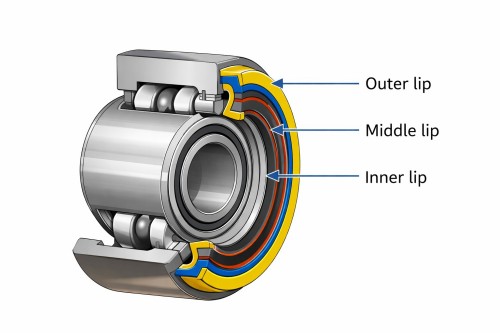 triple lip seal structure diagram in disc harrow bearing showing multi-layer sealing system