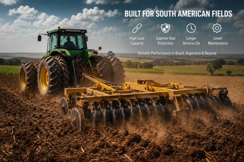 Heavy-duty agricultural disc bearing operating in no-tillage soybean farming field conditions in Brazil